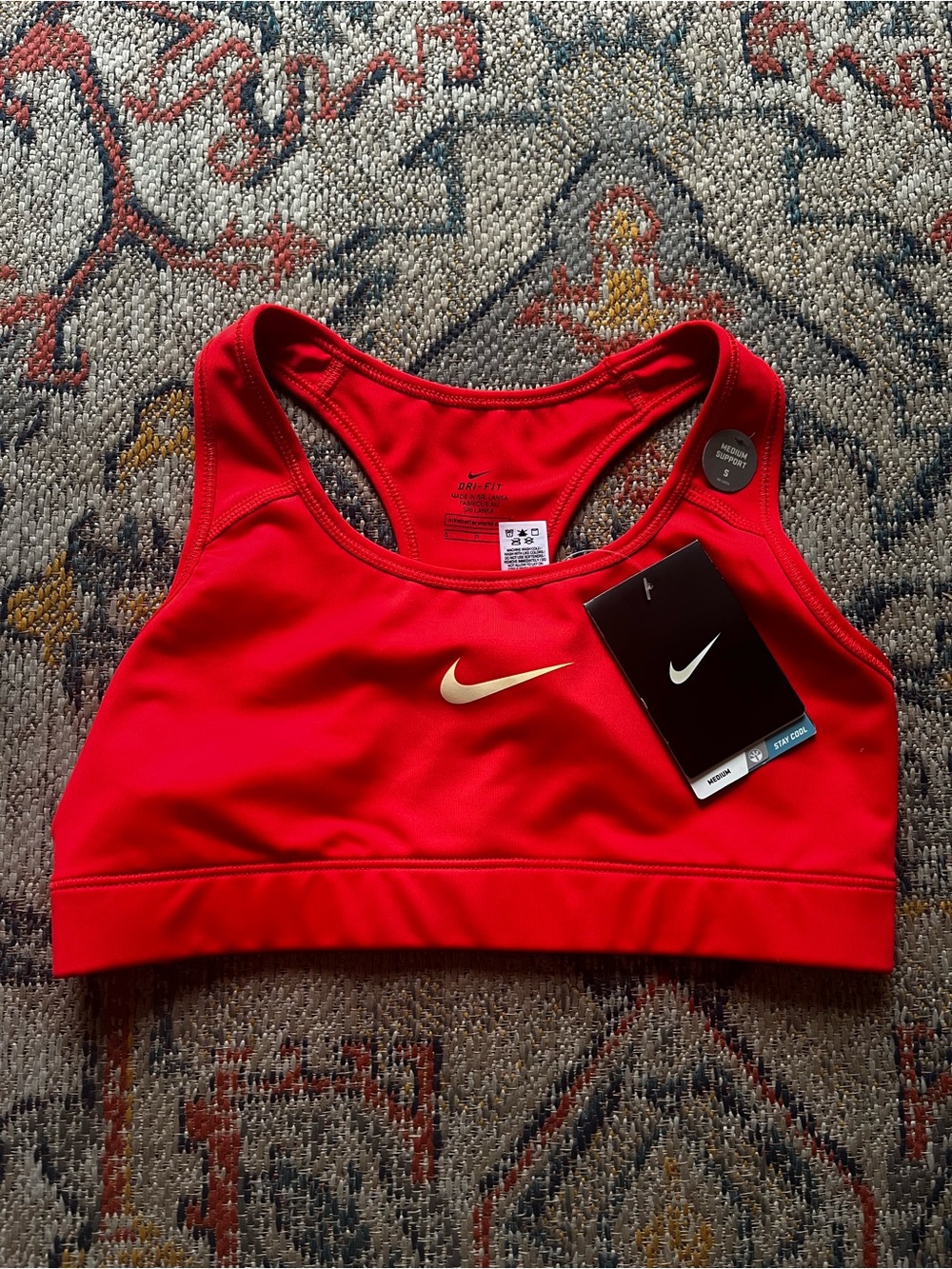 Nike Red Orange Sports Bra with Gold Swoosh Medium Support Size S